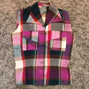 Vintage Multicolor Plaid Button-up Sleeveless Top